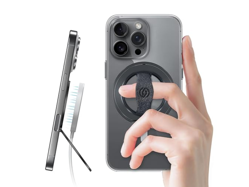 Telefongreb står med fingerrem og magnetisk ringholder kickstand